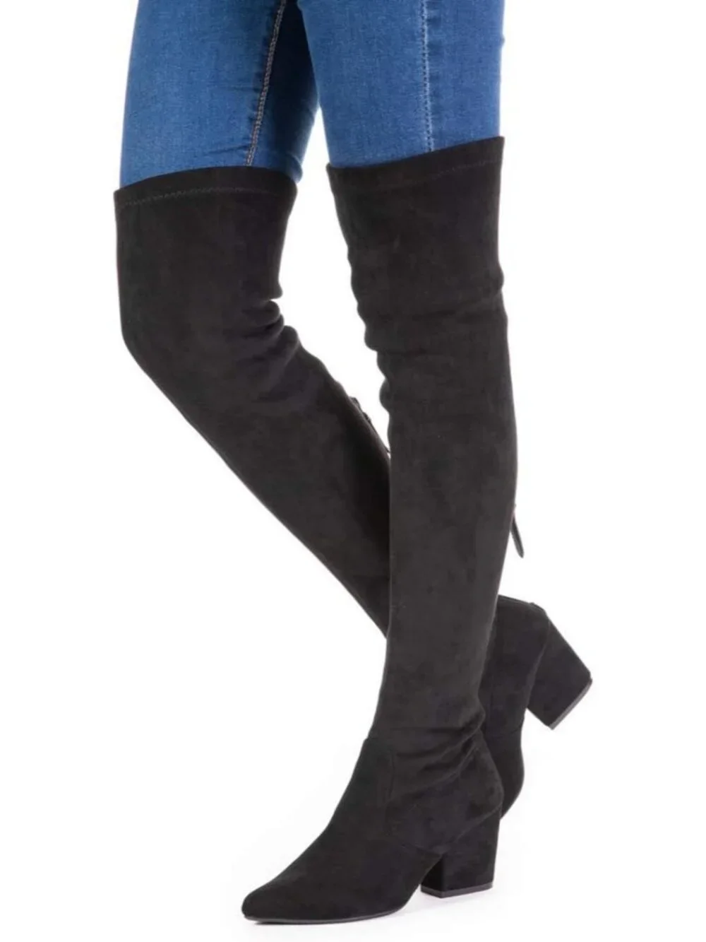 Women's Black Suede Pointed Toe Flat Comfort Over the Knee Thigh High Boot